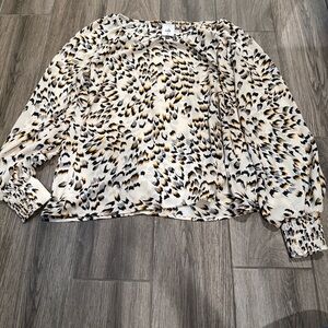 CAbi Cream Animal-Print Blouson-Sleeve Blouse with Black & Gold Accents